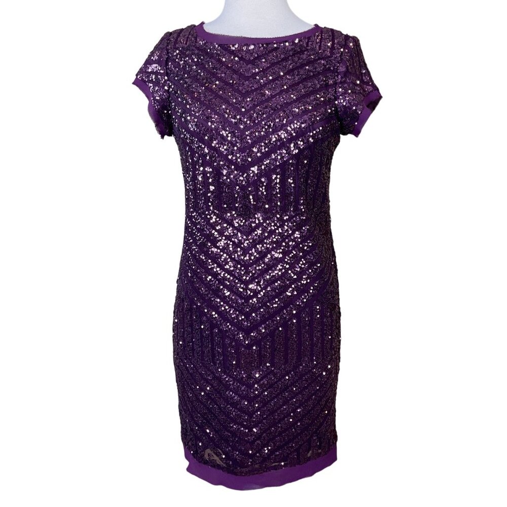 Vince Camuto Cap Sleeve Burgundy Purple Chevron Sequined Shift Dress Sz 10 NWT